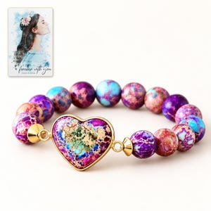 Imperial Mosaic Heart Bracelet shown on a clean white catalog background for an unobstructed product view. A personalized digital greeting card is shown alongside.