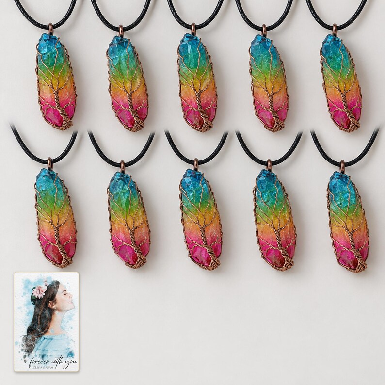 Rainbow Tree Stone Necklace, shown against a dark background. A sample personalized digital greeting card is shown alongside.