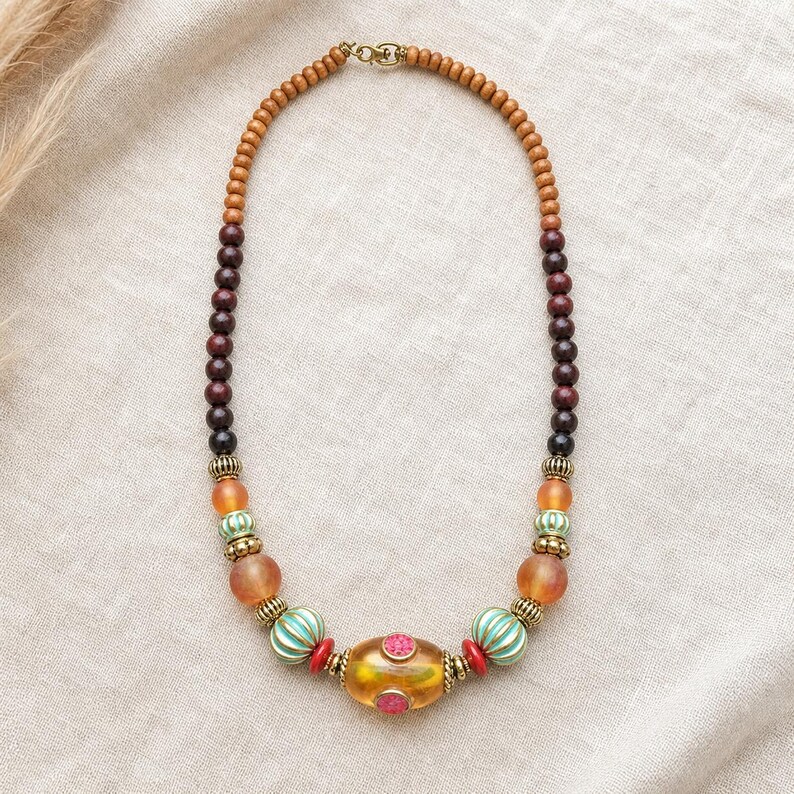 Red beaded necklace with colorful teardrop focal beads from the four piece boho jewelry set