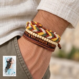Layered Woven Bracelet, worn by an adult. A sample personalized digital greeting card is shown alongside.