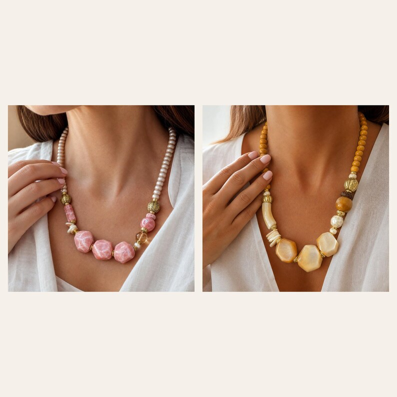 Pu&ograve; includere: Due collane con perline varie. La collana a sinistra ha perline geometriche marmorizzate rosa, piccole perle bianche e distanziatori dorati. La collana a destra presenta perline geometriche gialle e color crema con accenti dorati.