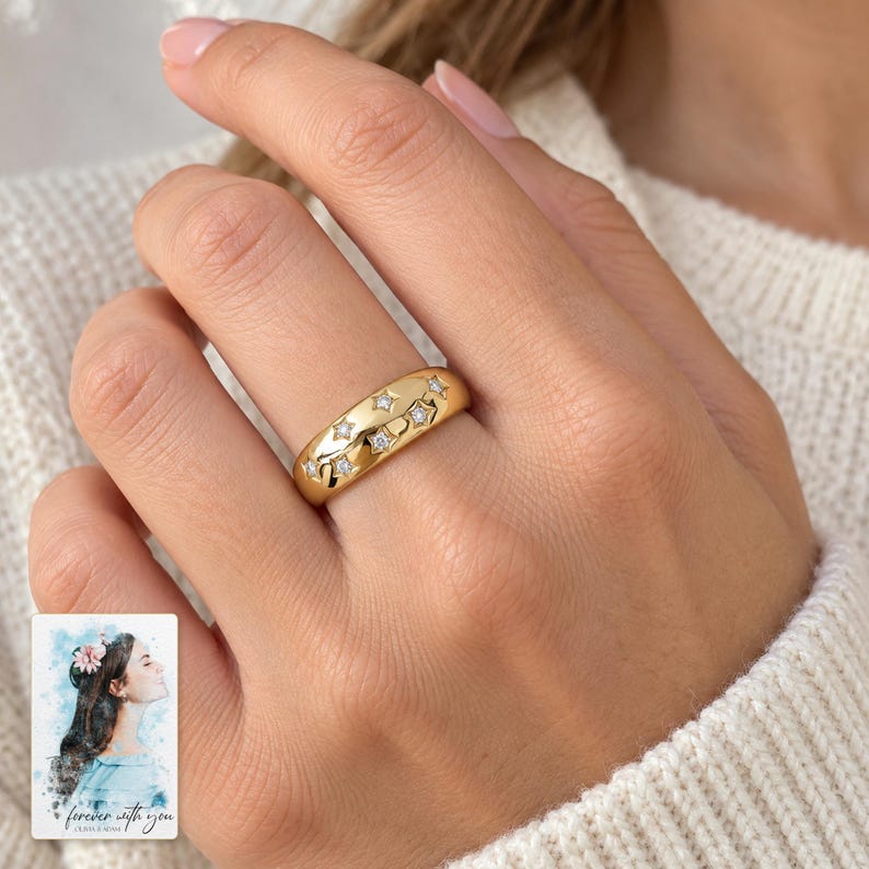 Star Set Moissanite Ring, worn by an adult. A sample personalized digital greeting card is shown alongside.