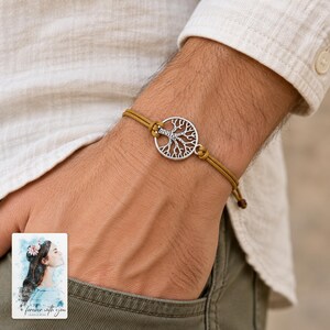 Tree of Life Cord Bracelet, worn with daytime clothing. A sample personalized digital greeting card is shown alongside.