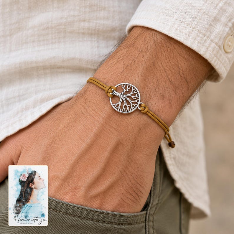 Tree of Life Cord Bracelet, worn with daytime clothing. A sample personalized digital greeting card is shown alongside.