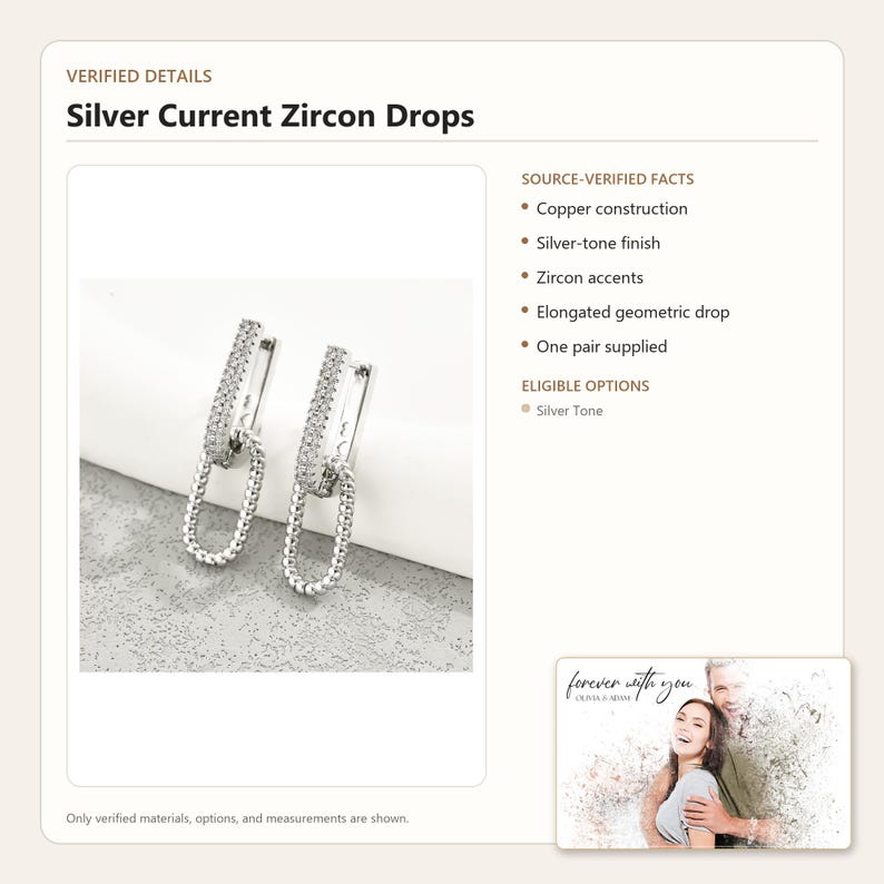 May include: A pair of Silver Current Zircon Drops earrings featuring a copper construction with a silver-tone finish. Each earring consists of an elongated geometric drop accented with small zircon stones, presented as a single pair.