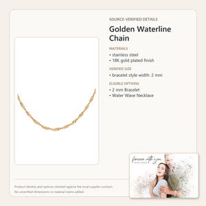 Puede incluir: Una cadena dorada waterline hecha de acero inoxidable con un acabado chapado en oro de 18 quilates. La cadena tiene un ancho de 2 mm. El texto en la imagen incluye Source-Verified Details, Golden Waterline Chain, Materials y Verified Size.