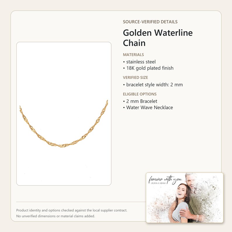 Puede incluir: Una cadena dorada waterline hecha de acero inoxidable con un acabado chapado en oro de 18 quilates. La cadena tiene un ancho de 2 mm. El texto en la imagen incluye Source-Verified Details, Golden Waterline Chain, Materials y Verified Size.