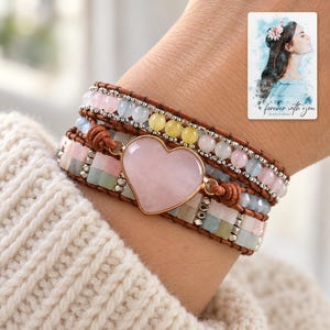 Pastel Heart Wrap Bracelet worn by an adult model for styling and everyday styling. A personalized digital greeting card is shown alongside.