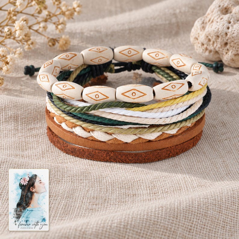 Layered Woven Bracelet, laid on fabric. A sample personalized digital greeting card is shown alongside.