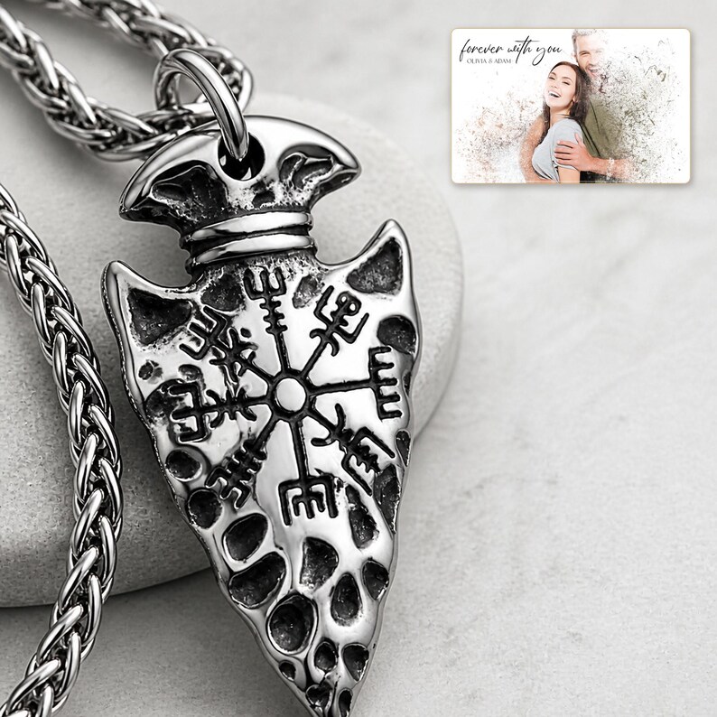 Aegis North Nordic Arrowhead Necklace shown during a warm gift-receiving moment between adults with the exact jewelry visible.