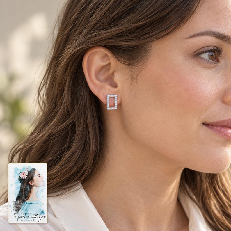 Rectangle Moissanite Stud Earrings, worn by an adult. A sample personalized digital greeting card is shown alongside.