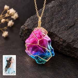 Rainbow Stone Necklace, close-up of the details. A sample personalized digital greeting card is shown alongside.
