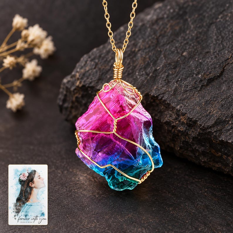 Rainbow Stone Necklace, close-up of the details. A sample personalized digital greeting card is shown alongside.