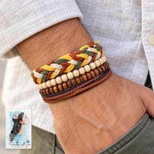 Layered Woven Bracelet, worn with daytime clothing. A sample personalized digital greeting card is shown alongside.