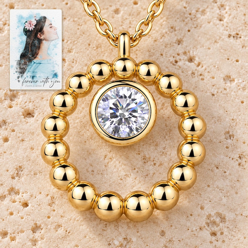 Moissanite Circle Necklace, hero view. A personalized digital greeting card is shown alongside.