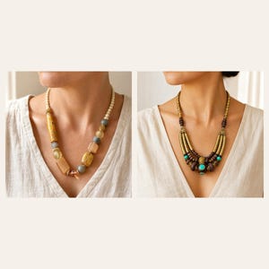 May include: Two necklaces. The left necklace features cream, yellow, and grey beads in various shapes. The right necklace is a multi-strand design with dark brown beads, metallic gold-toned accents, and small turquoise-colored beads at the base.