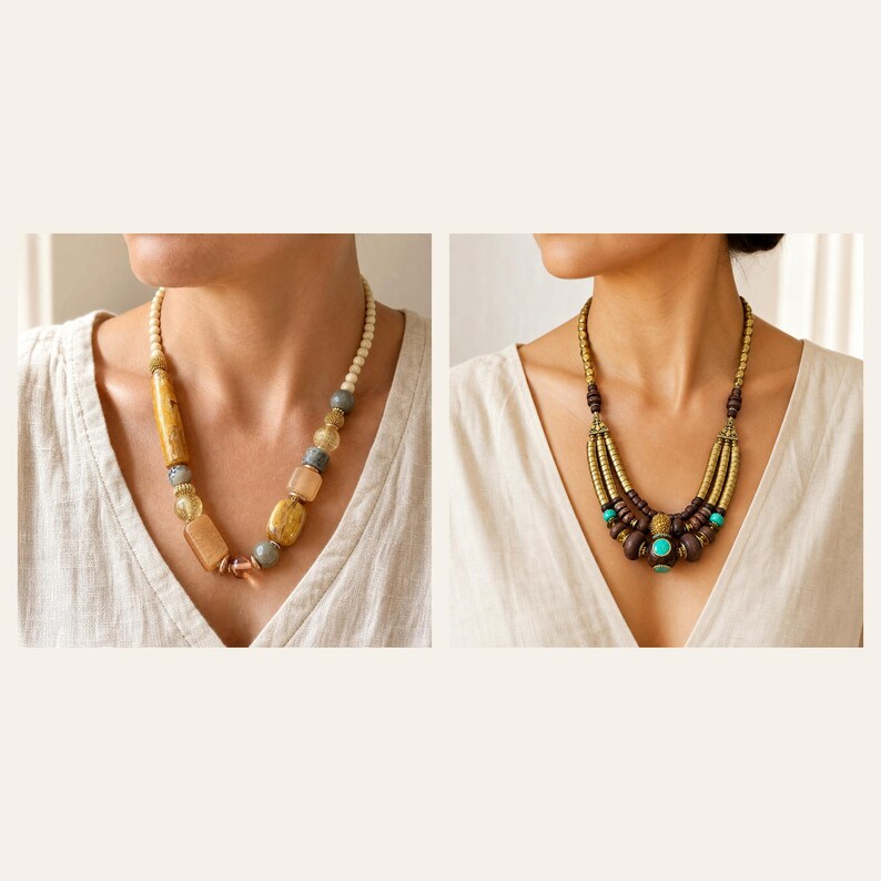 May include: Two necklaces. The left necklace features cream, yellow, and grey beads in various shapes. The right necklace is a multi-strand design with dark brown beads, metallic gold-toned accents, and small turquoise-colored beads at the base.