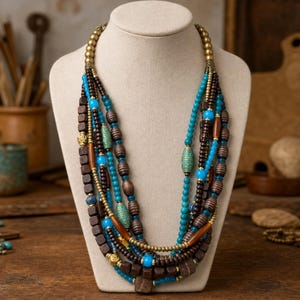 Rose Gold and Blue Statement Beaded Necklace shown individually as a coordinating option for the mix and match necklace set