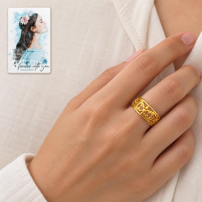 Golden Bloom Filigree Ring worn by an adult model for styling and everyday styling. A personalized digital greeting card is shown alongside.