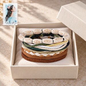 Layered Woven Bracelet, displayed in a presentation box. A sample personalized digital greeting card is shown alongside.