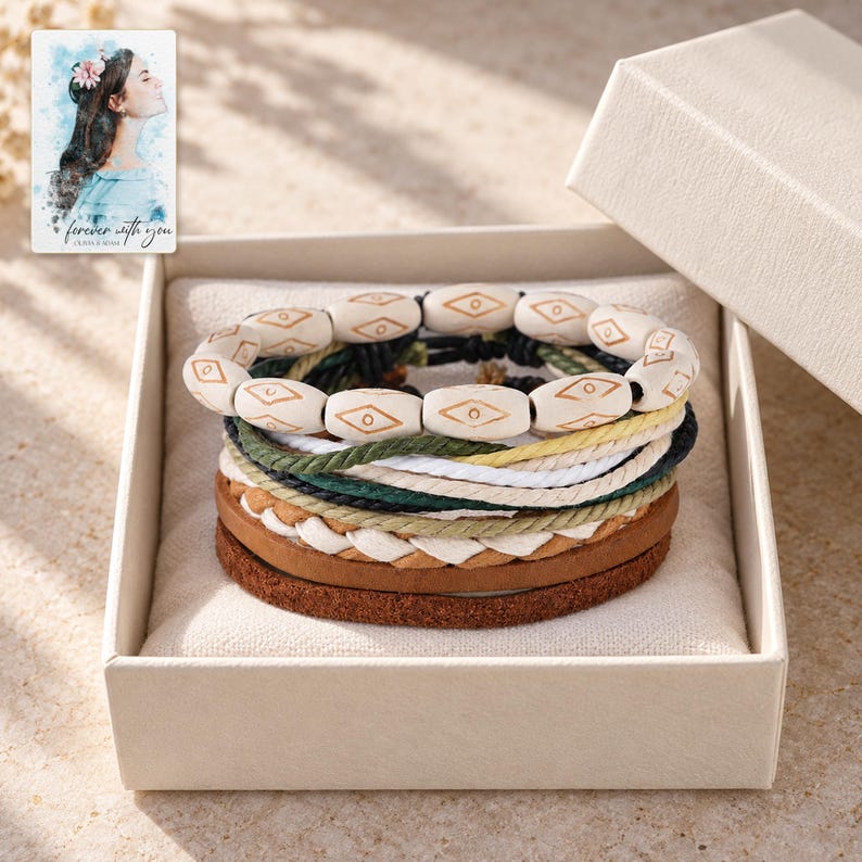Layered Woven Bracelet, displayed in a presentation box. A sample personalized digital greeting card is shown alongside.