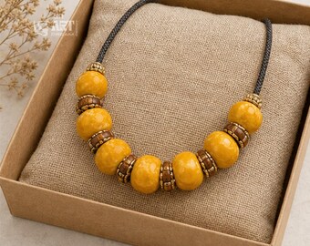Mustard Yellow Beaded Necklace, Boho Statement Choker