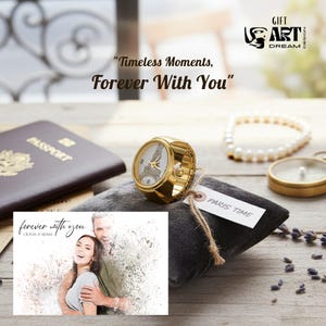 May include: A gold ring watch featuring the Eiffel Tower, displayed on a grey cushion with a "Paris Time" tag. A passport and a photo with the text "forever with you" are also present. The image includes the text "Timeless Moments, Forever With You".