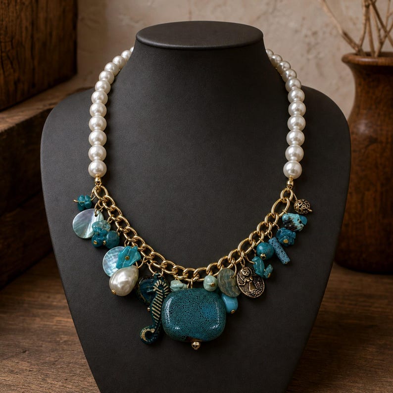 Brown and Gray Statement Beaded Necklace shown individually as a coordinating option for the mix and match necklace set