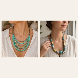 May include: A multi-strand necklace featuring turquoise-colored beads and metallic gold-toned spacers, alongside a single-strand necklace with larger grey textured beads, turquoise accents, and cylindrical gold-toned metal beads.