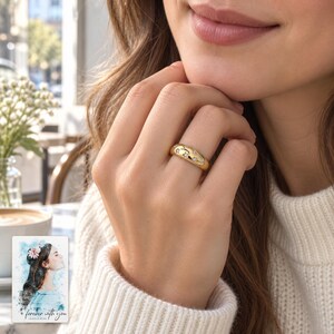 Star Set Moissanite Ring, worn with daytime clothing. A sample personalized digital greeting card is shown alongside.