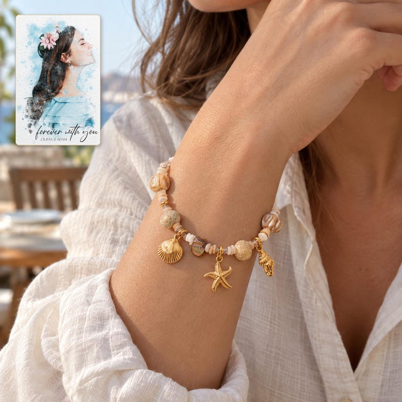 Shell Charm Bracelet, worn by an adult. A sample personalized digital greeting card is shown alongside.