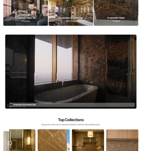 May include: Website showcasing Emperador tile and marble products. Features include Emperador Light Marble, Dark Marble, and various tile collections. The site offers a range of products, including slabs and mosaics, with a focus on luxury and design.