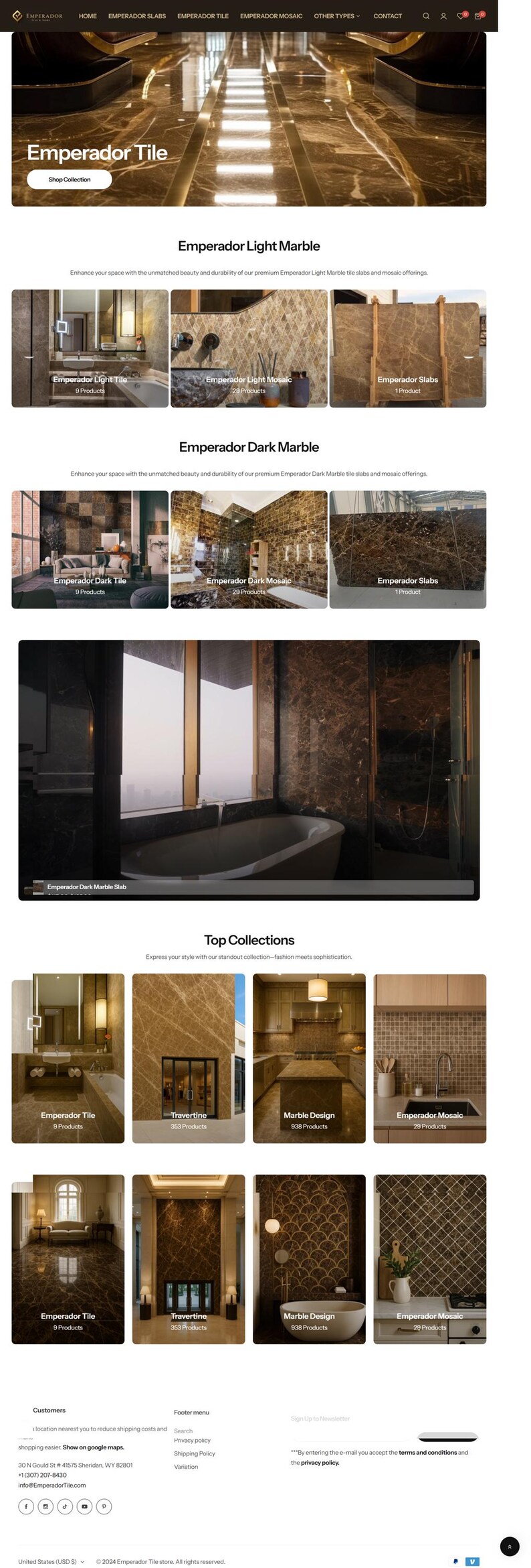 May include: Website showcasing Emperador tile and marble products. Features include Emperador Light Marble, Dark Marble, and various tile collections. The site offers a range of products, including slabs and mosaics, with a focus on luxury and design.