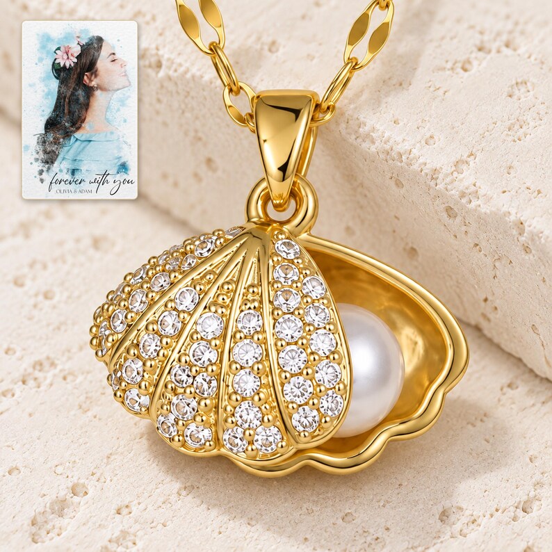 Shell Shaped Necklace, hero view. A personalized digital greeting card is shown alongside.