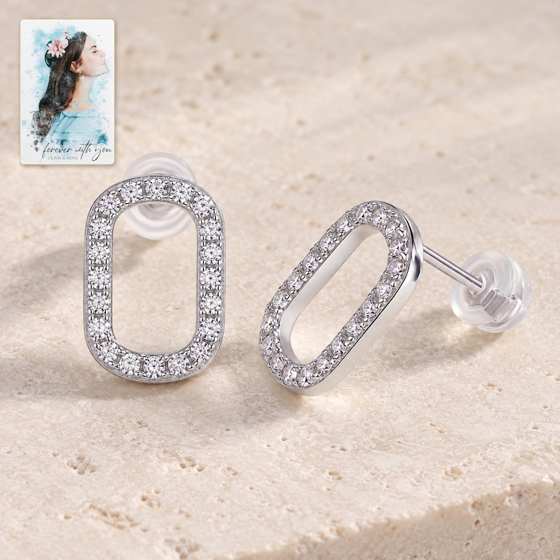 Rounded Rectangle Stud Earrings, shown on a display surface. A sample personalized digital greeting card is shown alongside.