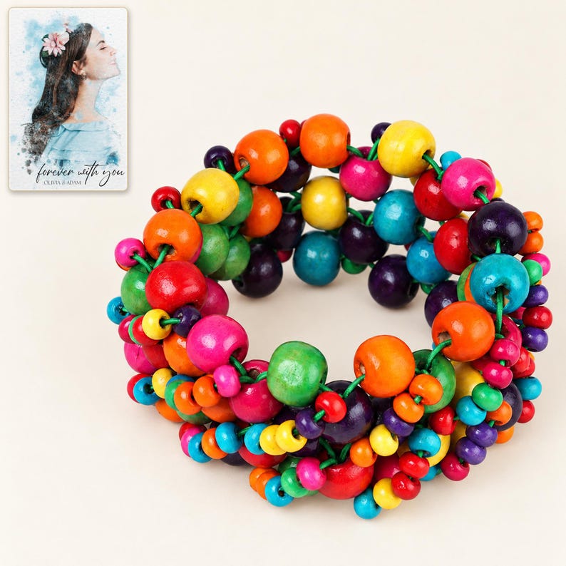 Rainbow Bead Bracelet shown in a close macro view highlighting the visible texture, texture and construction details. A personalized digital greeting card is shown alongside.