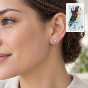 Moissanite Stud Earrings, worn by an adult. A sample personalized digital greeting card is shown alongside.