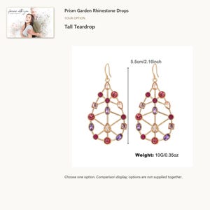 Tall Teardrop. Colorful Rhinestone Drop Earrings. A personalized digital greeting card is shown. Select the pictured option when ordering.