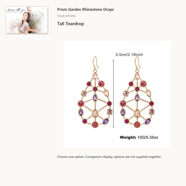 Tall Teardrop. Colorful Rhinestone Drop Earrings. A personalized digital greeting card is shown. Select the pictured option when ordering.