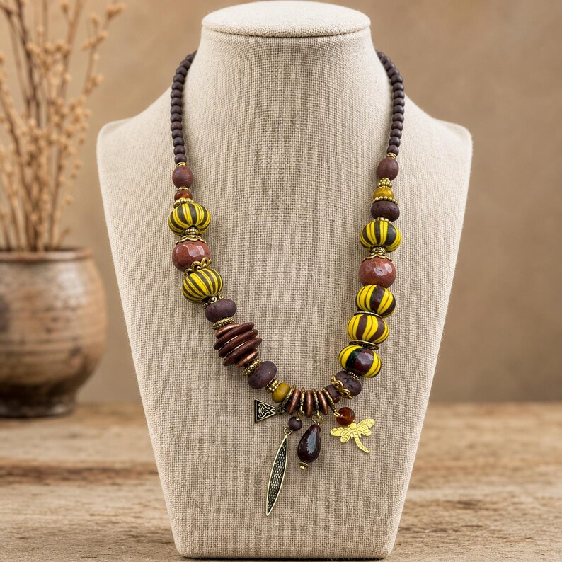 Gray and Brown Statement Beaded Necklace shown individually as a coordinating option for the mix and match necklace set