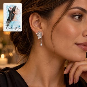 Butterfly Drop Earrings, worn with evening clothing. A sample personalized digital greeting card is shown alongside.