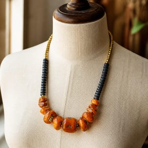 Orange and Brown Statement Beaded Necklace shown individually as a coordinating option for the mix and match necklace set