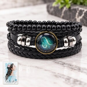 Zodiac Sign Bracelet, close-up of the details. A sample personalized digital greeting card is shown alongside.