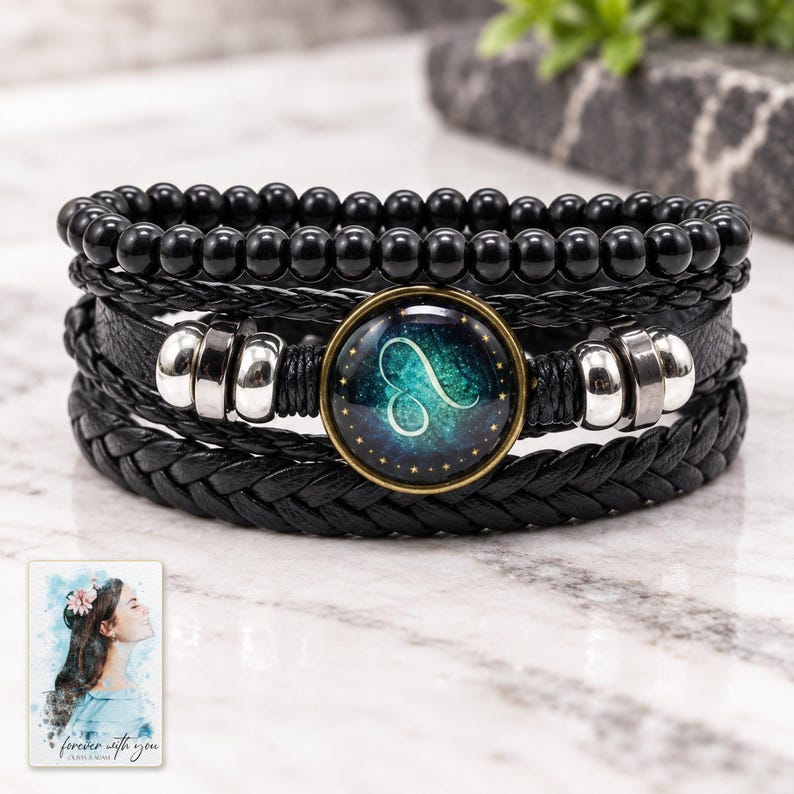 Zodiac Sign Bracelet, close-up of the details. A sample personalized digital greeting card is shown alongside.