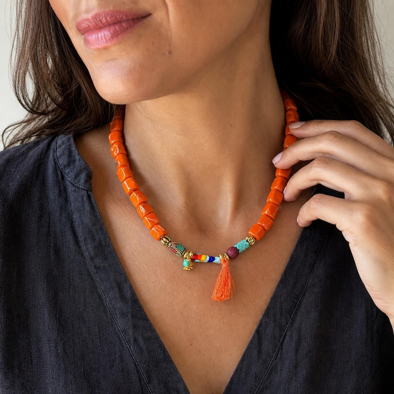 Orange and Red Handmade Beaded Necklace, Layered Statement Jewelry image 4