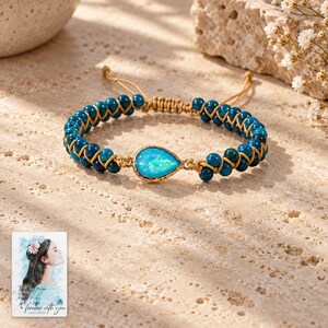 Blue Teardrop Cord Bracelet, shown in natural light. A sample personalized digital greeting card is shown alongside.