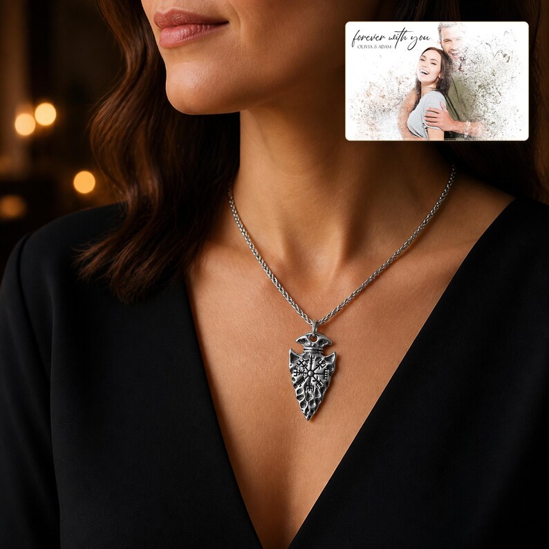 Aegis North Nordic Arrowhead Necklace shown in a close macro view highlighting the verified material, texture and construction details.