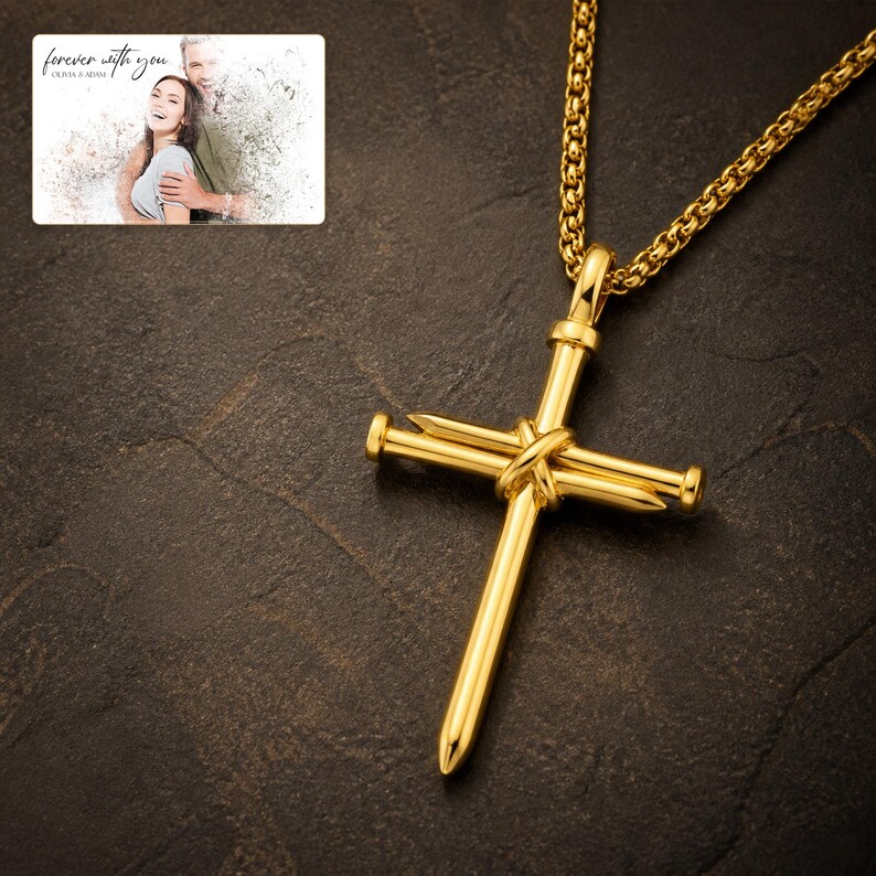 Forged Faith Nail Cross Necklace photographed in warm natural window light in an elegant home setting.