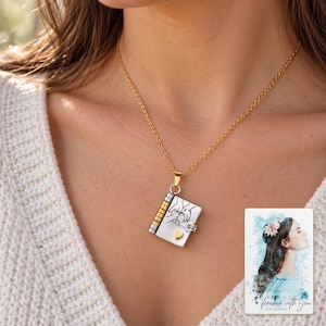 Opening Book Necklace, worn lifestyle view. A personalized digital greeting card is shown alongside.