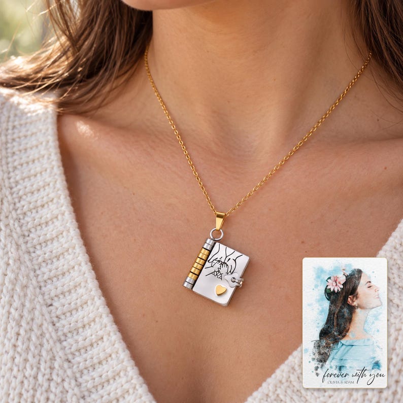 Opening Book Necklace, worn lifestyle view. A personalized digital greeting card is shown alongside.